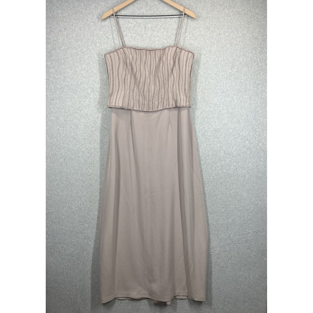Daymor Couture Evening Gown Women 10 Taupe Beaded Bodice Spaghetti Strap EUC